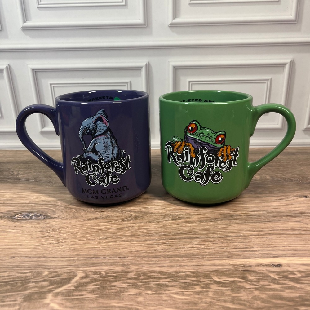 VTG 1999 Rainforest Cafe Coffee Mugs 16oz Purple Green Tuki Cha Cha MGM Grand